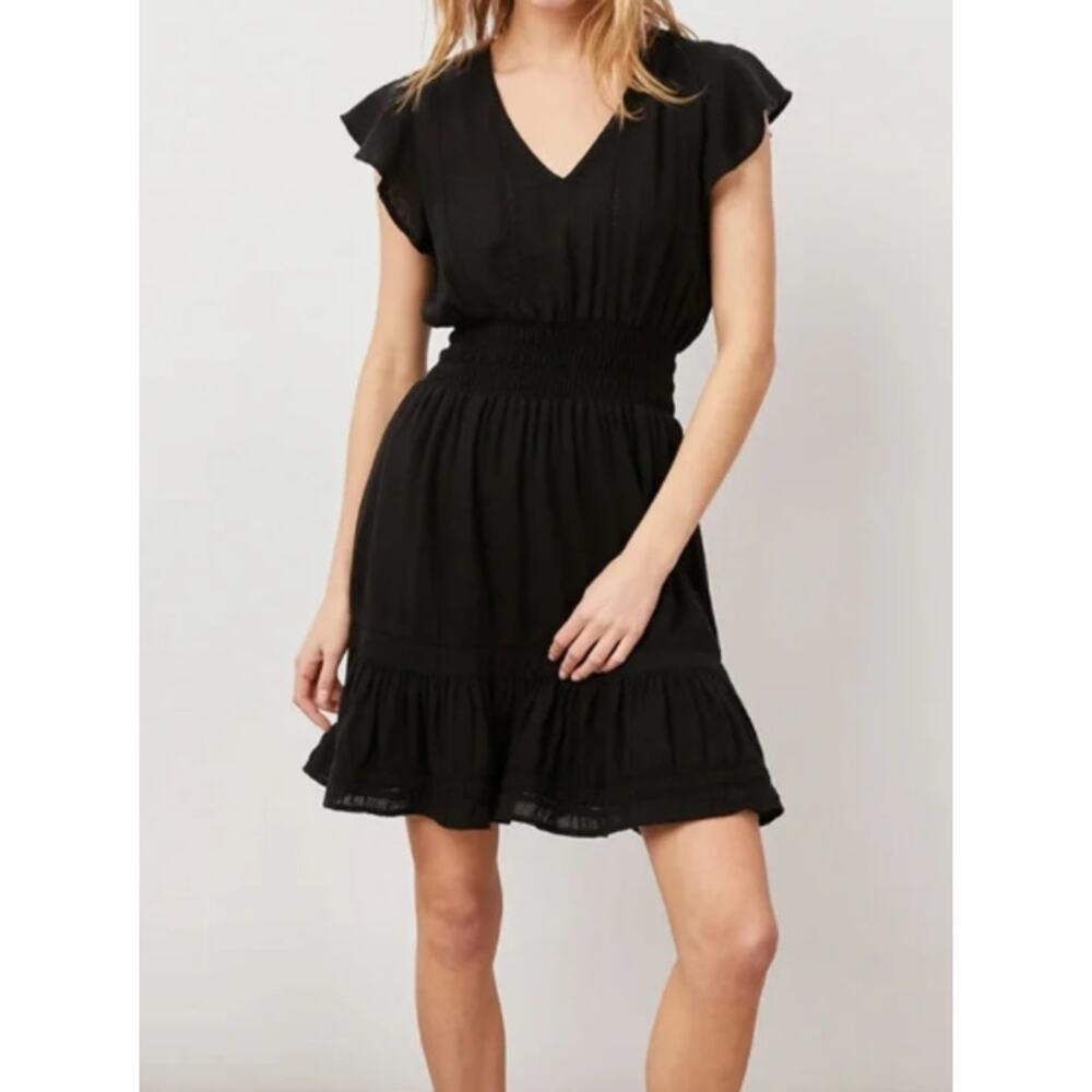 Rails Tara Lace Detail Flutter Linen Rayon Blend Mini Dress Black Size Small